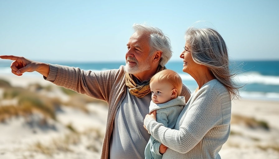 Multi-generational family enjoying a beach day under a clear blue sky.