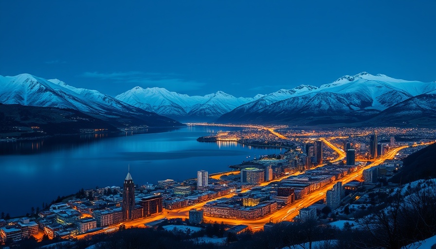 Queenstown winter night scene with mountains and illuminated city.