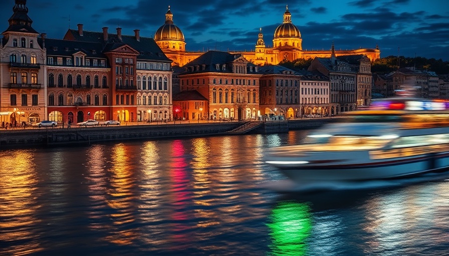 Vibrant riverfront cityscape with cruise at night.