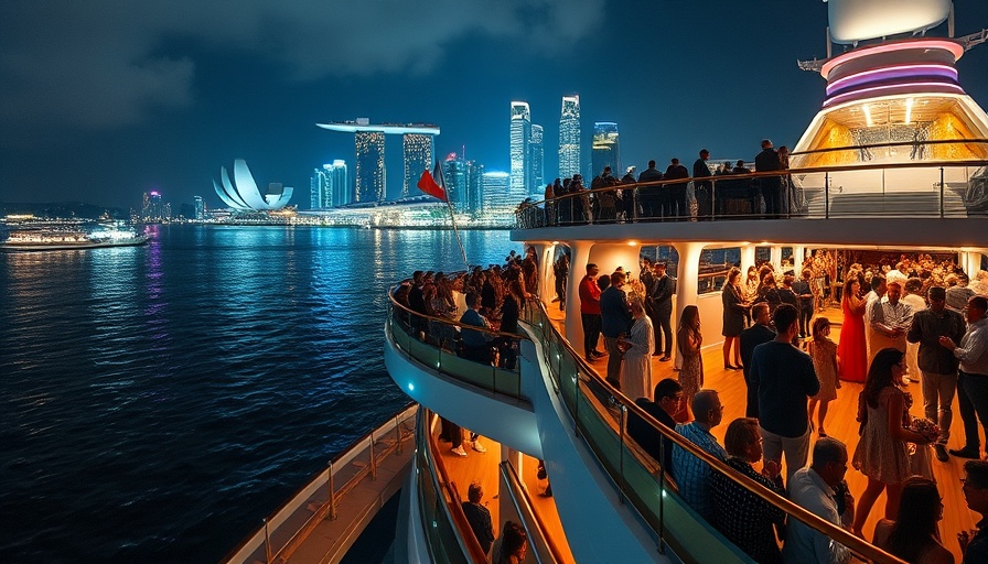 Royal Princess cruise ship debut in Singapore harbor at night.