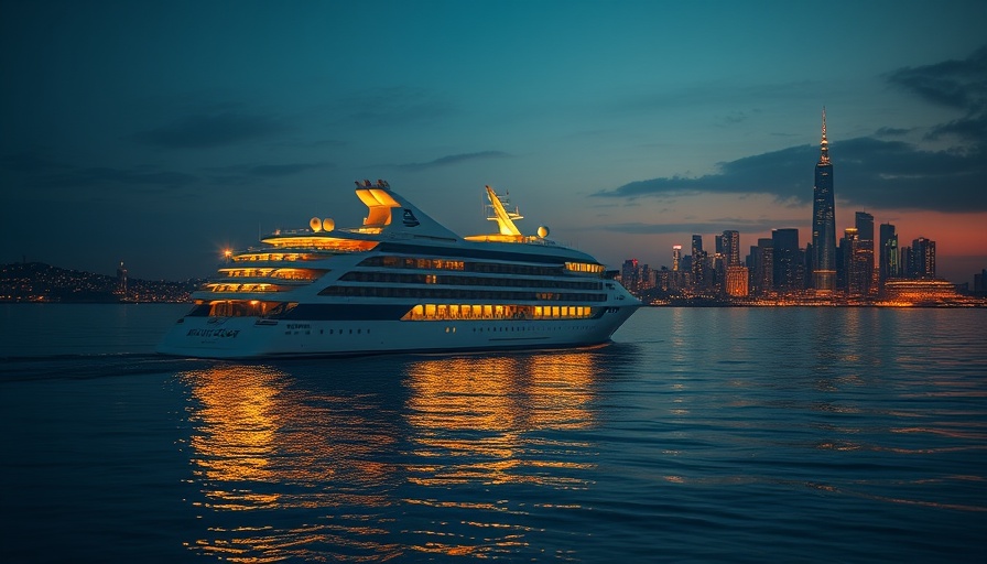 Luxurious cruise ship in calm waters at twilight with city lights reflecting, Atlas Ocean Voyages 2027 Europe Expeditions.