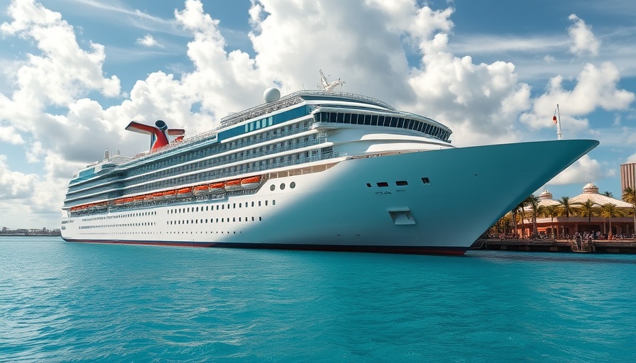 Royal Caribbean cruise ship docked, partly cloudy sky.