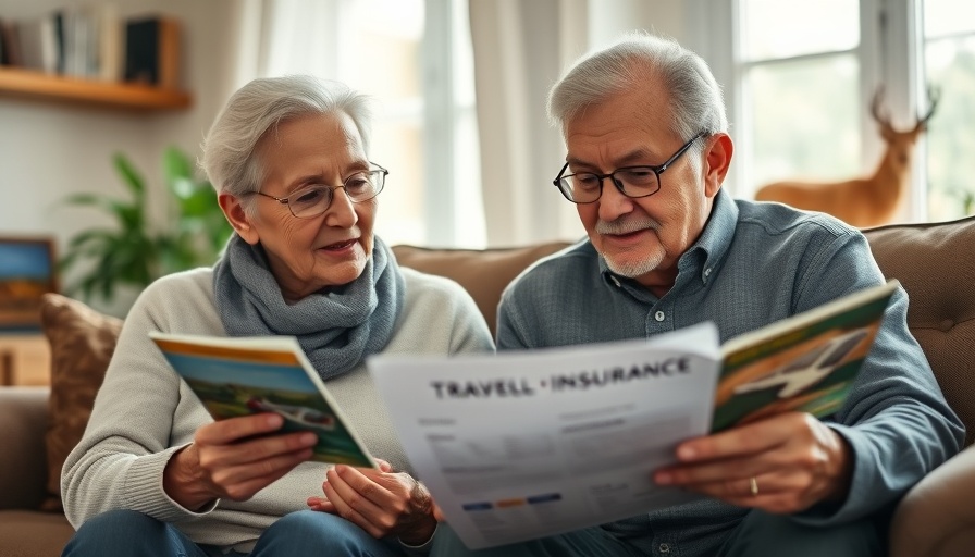 Retirees discussing travel insurance costs at home.