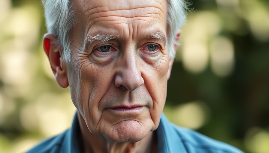 Elderly man contemplating against a green background.