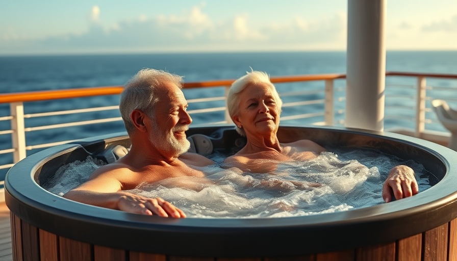 Older couple enjoying hot tub on cruise ship deck with ocean view