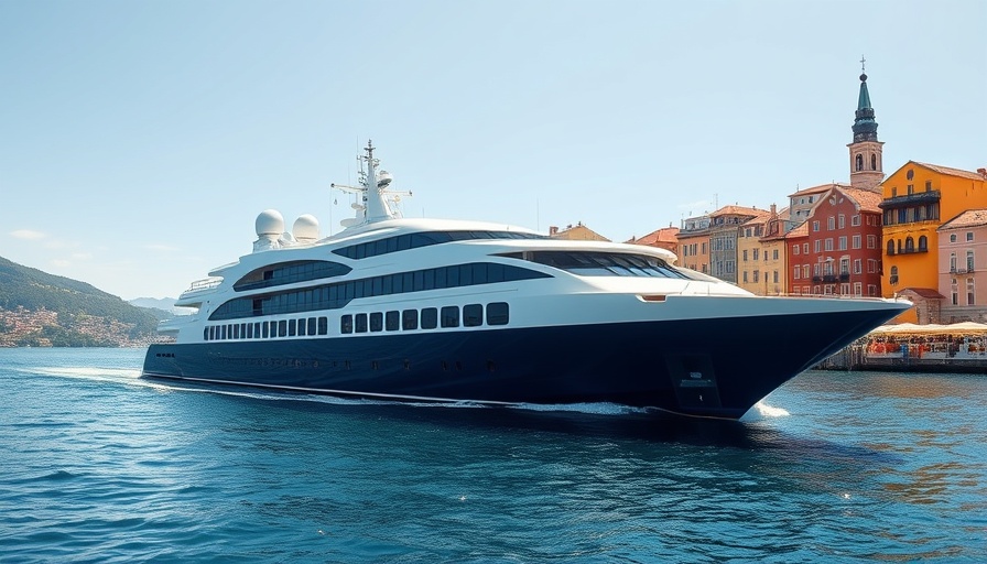 Emerald Cruises Fleet Expansion featuring a luxury cruise ship near a colorful coastal town.