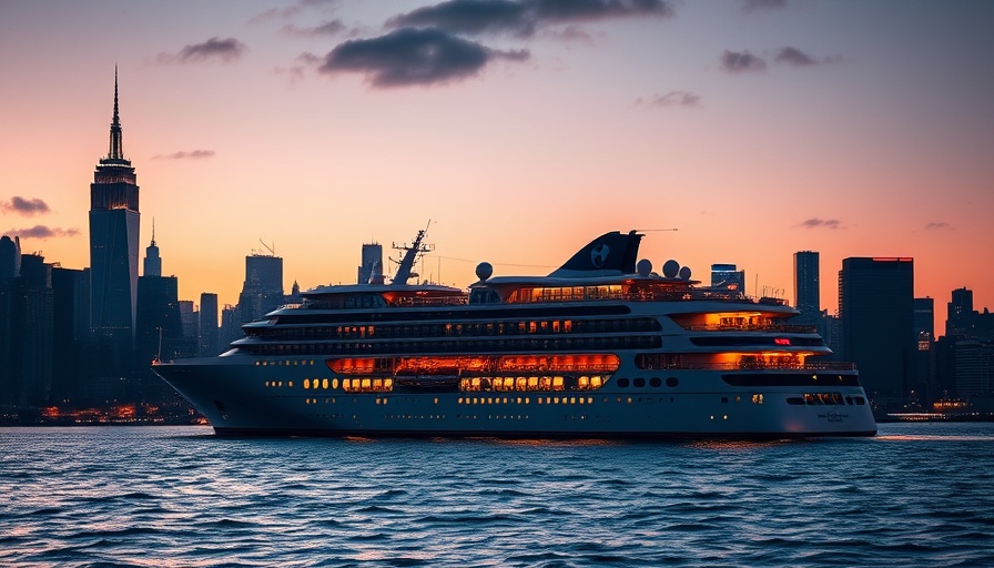 Sky and Sea Fare: Cruise ship sailing by city skyline at twilight.