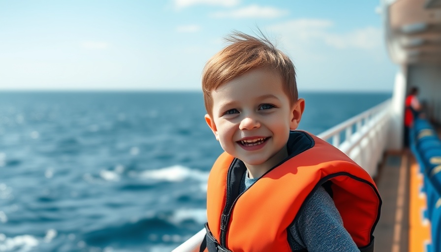 Child wearing a life vest on a cruise, highlighting safety.