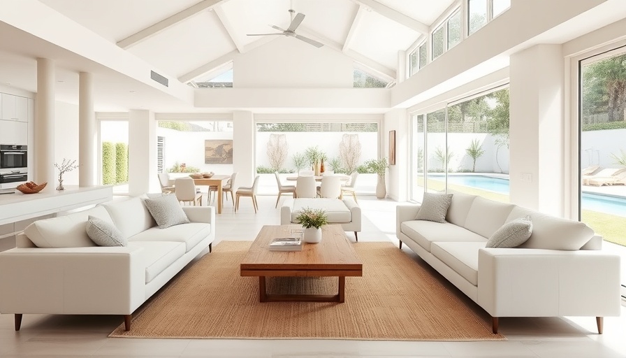 Modern coastal living room with white sofas and garden view.