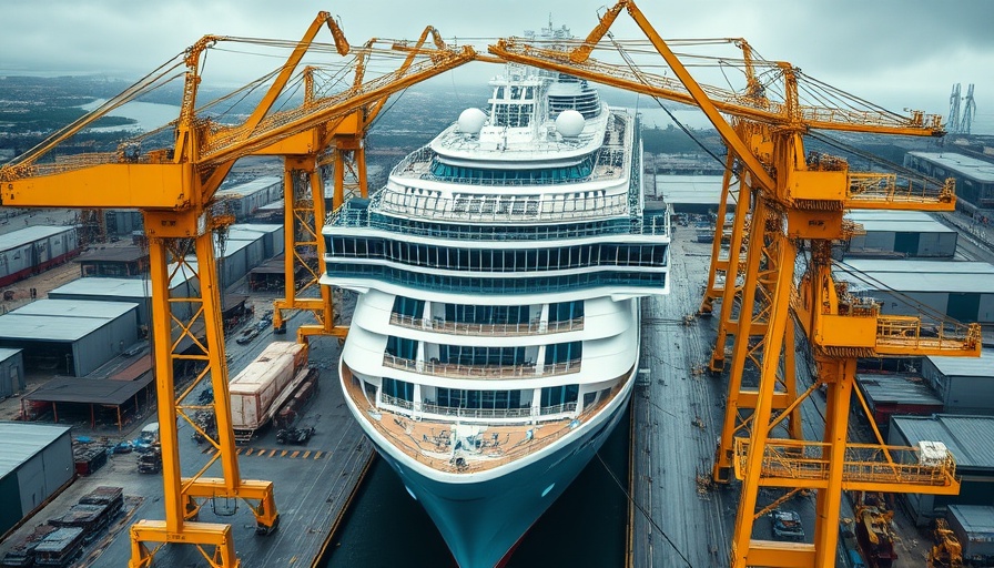 Legend of the Seas float out at shipyard with cranes and buildings.