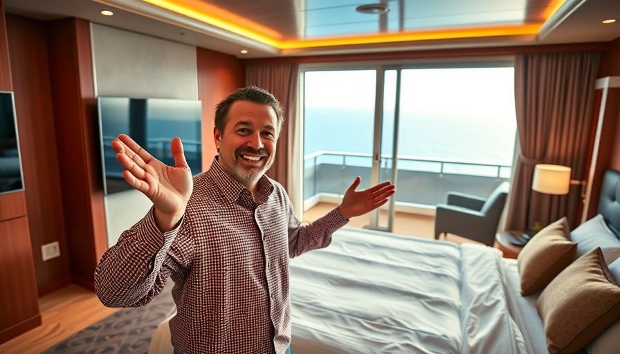 Royal Caribbean Infinite Balcony cabin with cheerful man showing spacious interior.