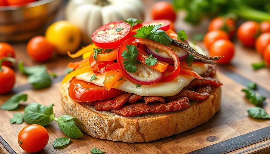 Open-faced sandwich with fresh vegetables on a kitchen counter.
