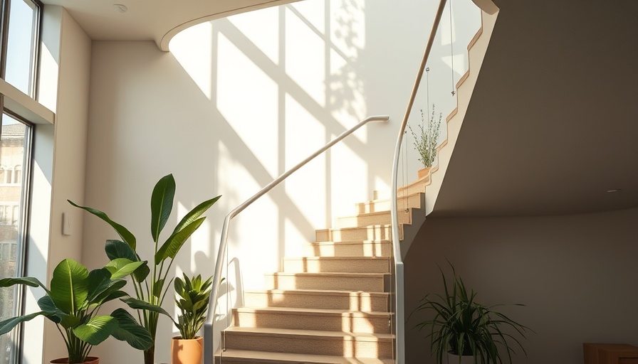 Modern minimalist staircase with plants in open space, bright and airy.