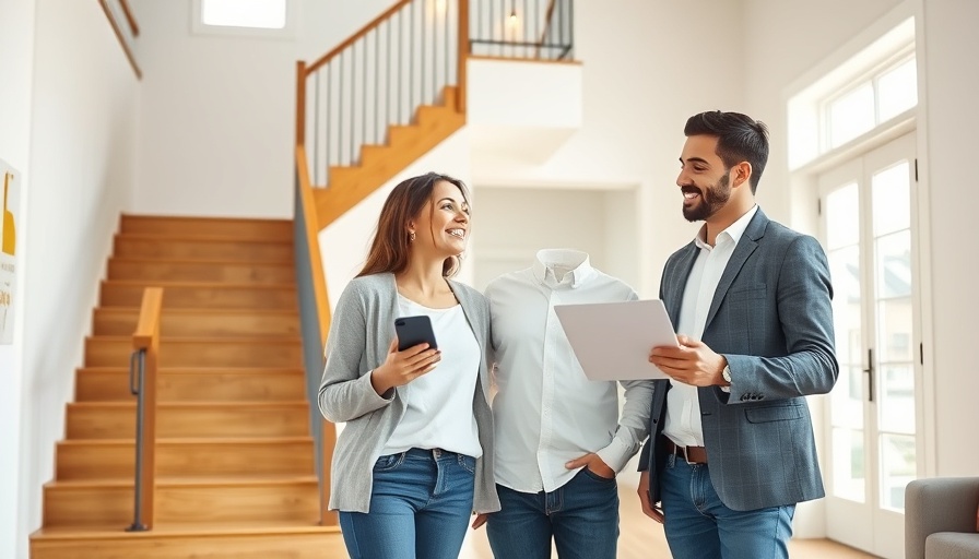 Real estate agent gives spring selling tips to a smiling couple in modern home.