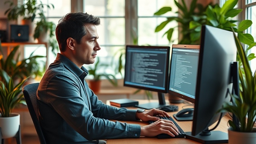 Focused businessman researching AI education for small businesses in a vibrant home office.