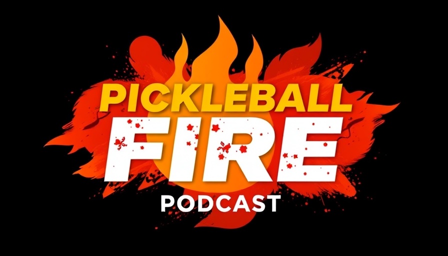 Bold graphic design promoting pickleball podcast with vibrant orange theme.