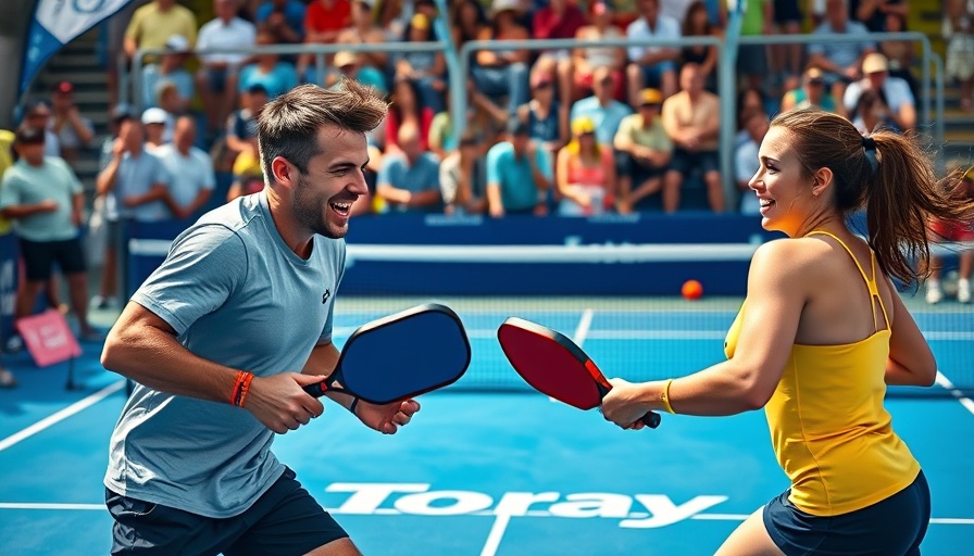Pickleball players on a blue Toray court showcasing materials innovation.
