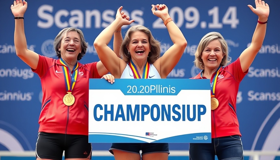 Women over 50 celebrating pickleball success, vibrant backdrop.