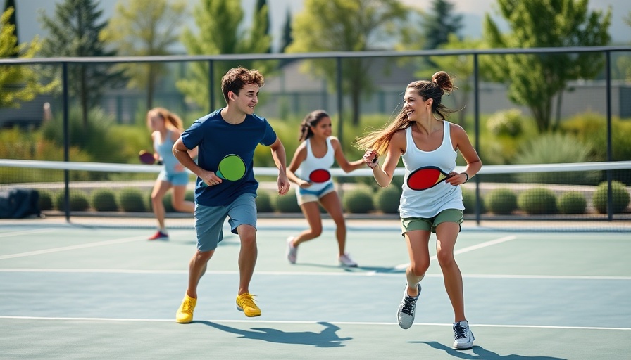 Youth playing pickleball on an outdoor court, vibrant scene.