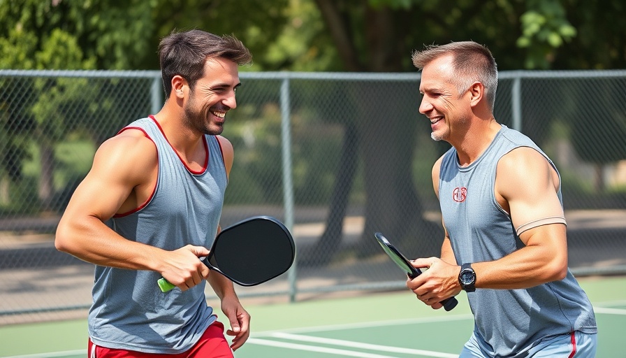 Men playing pickleball outdoors, friendly competition on a sunny day.