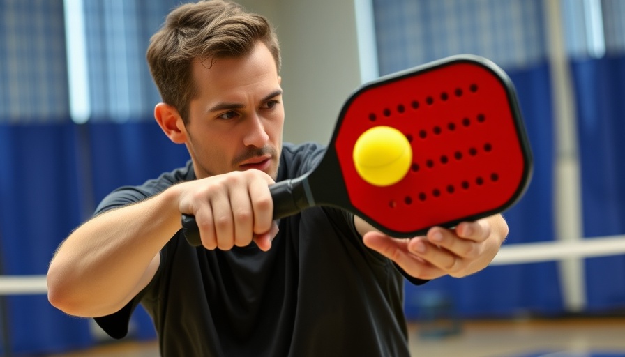 Focused male applying overgrip in pickleball court.