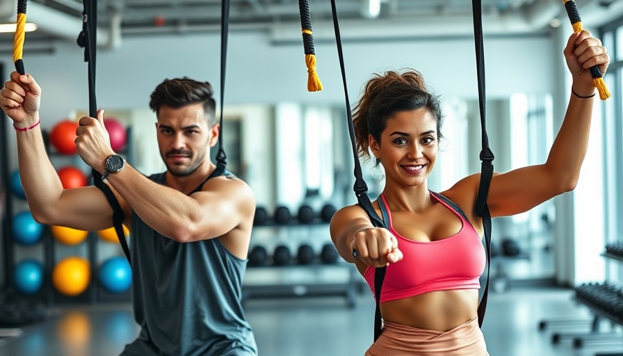 Adults performing TRX exercises in a modern gym.