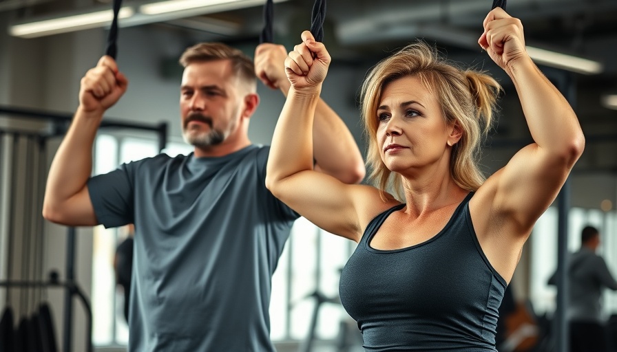 Mature athletes perform suspension training in gym, fitness focused.