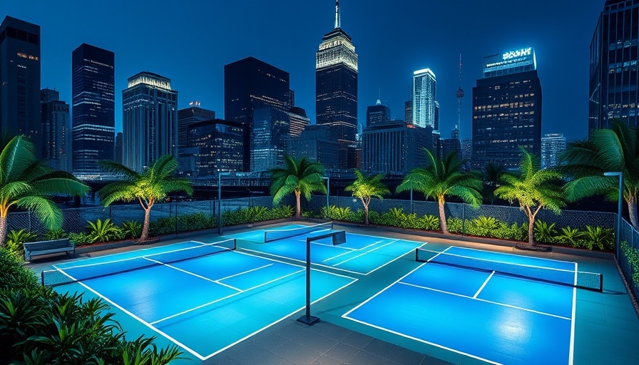Best Pickleball Facilities in New York City, illuminated courts at night with skyline.