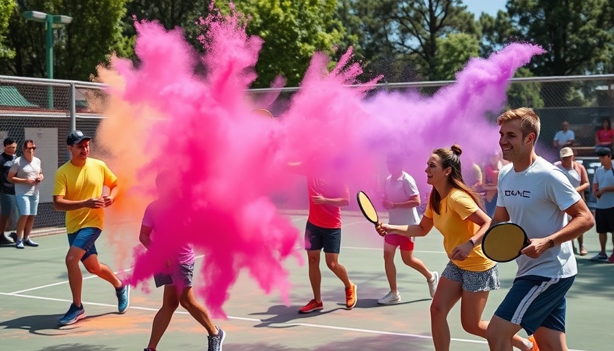 Pickleball gender reveal with vibrant powder clouds on the court.