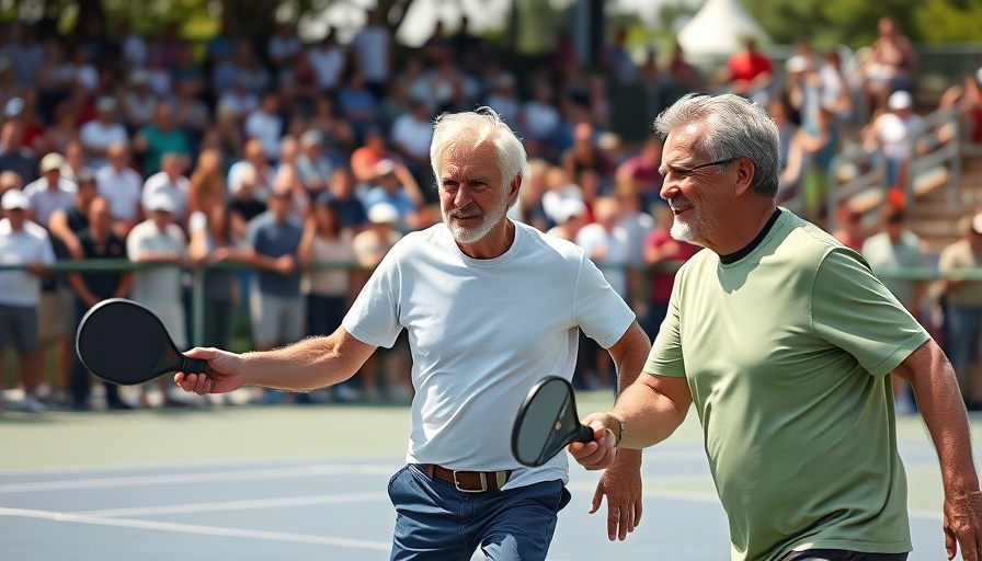 Men playing pickleball near the non-volley zone on a court.