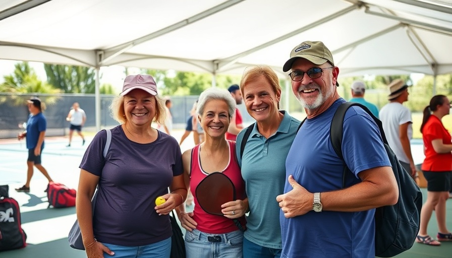 Friendly players at pickleball event recovering socializing under tent.