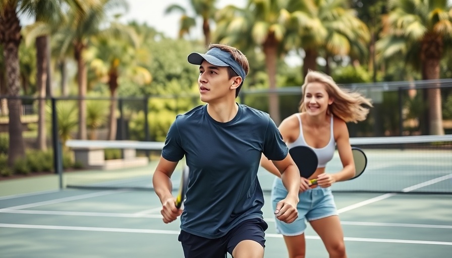 Pickleball players on an outdoor court with palm trees.