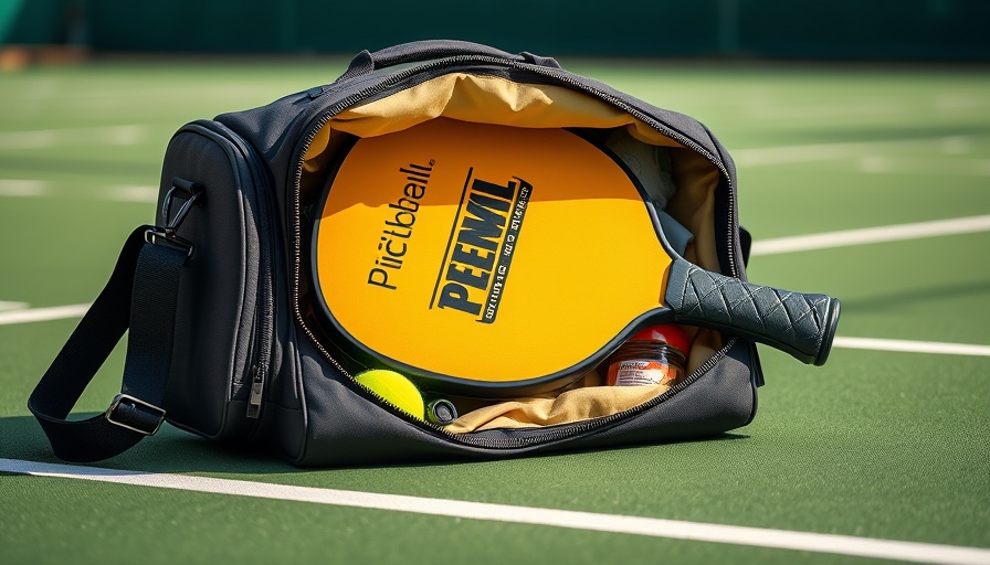 Pickleball paddle and gear inside an open sports bag on a tennis court.