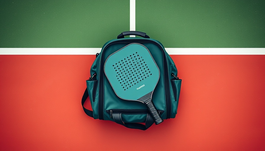 Pickleball paddle in sports bag on court, vibrant green background.