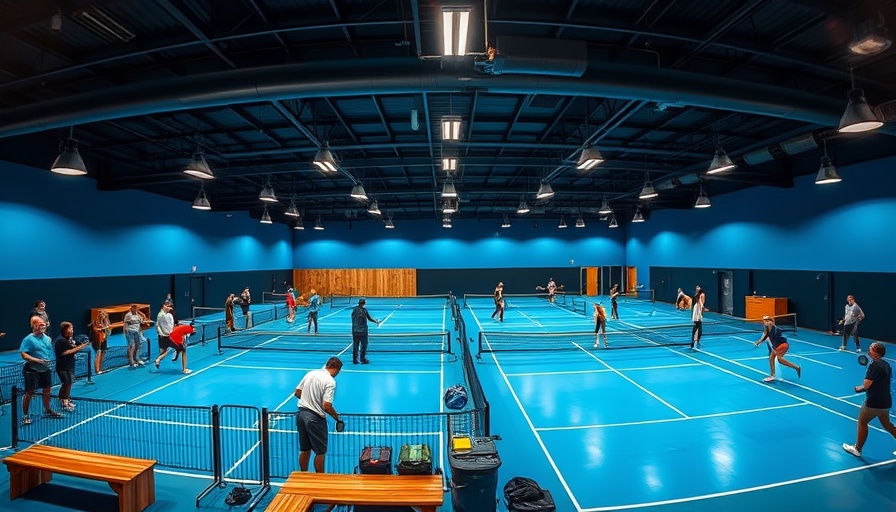 Spacious indoor pickleball club with blue courts