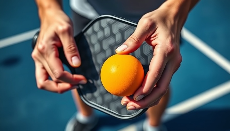 Proper pickleball paddle grip on a blue court.