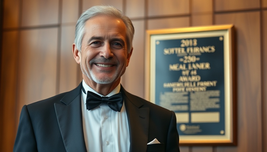 Older man at a formal event, smiling in a tuxedo.