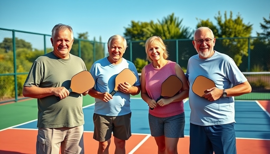 Middle-aged pickleball players on outdoor court during pickleball adventure across America.