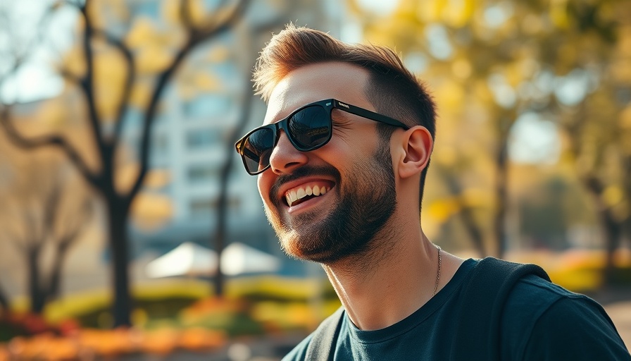 Man smiling outdoors with sunglasses in a sunny park background.