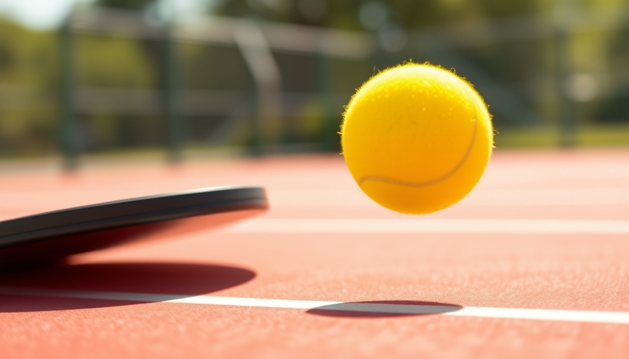 Vibrant yellow pickleball on blue paddle against sunny blurred court background.