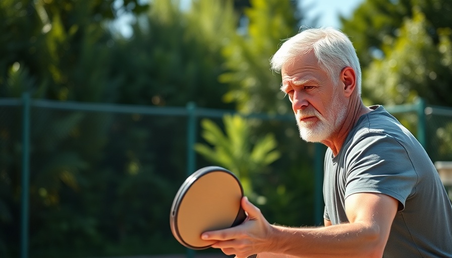 Senior playing pickleball on outdoor court.