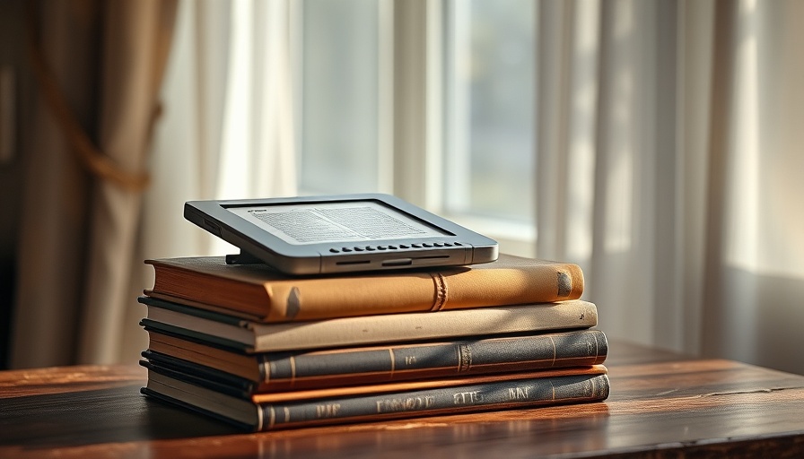 E-reader and vintage books on a table for Senior Planet Book Club.