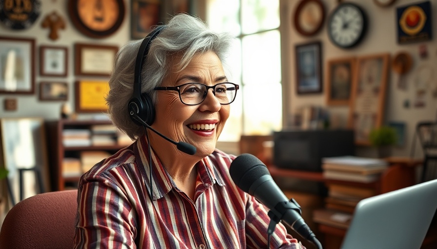 Intergenerational Connections in Podcasting: Older woman podcasting in home office.