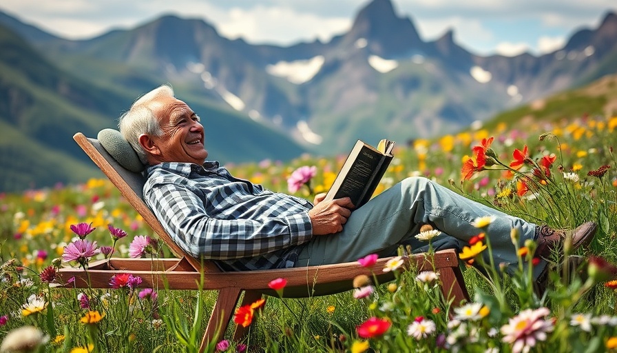 Travel for empathy: man relaxing in flower meadow with mountain view.
