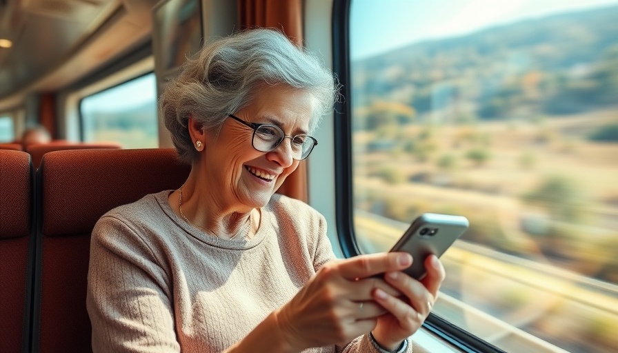 Elderly woman using travel apps on train journey.