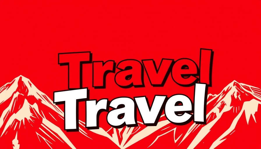 Red travel banner with bold text design.