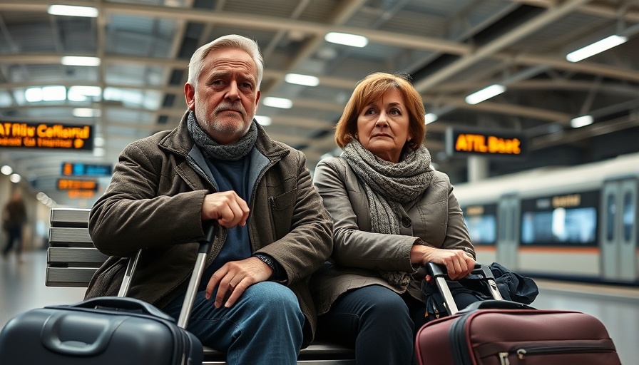 Travel Follies: Exhausted couple waiting in train station.