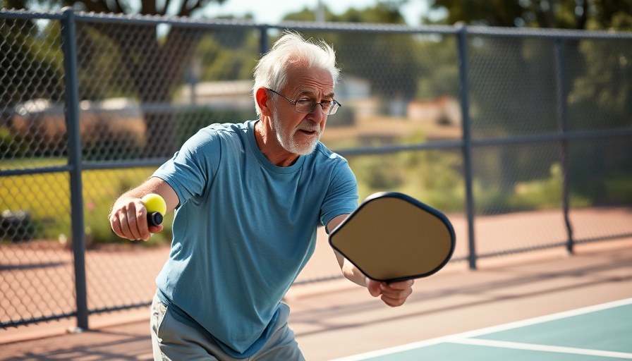 Older man playing pickleball energetically on a sunny court.
