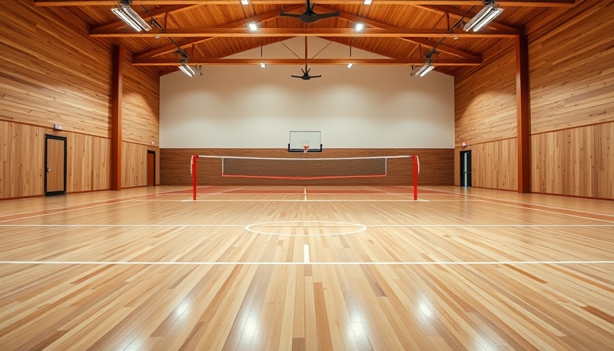 Empty indoor pickleball court in Europe with bright lighting.