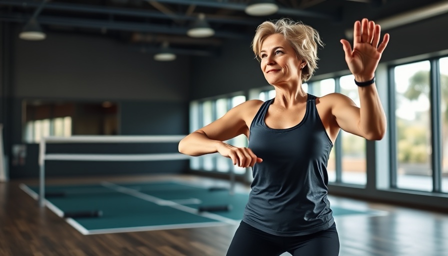 Middle-aged woman practicing Pilates for Pickleball in gym.